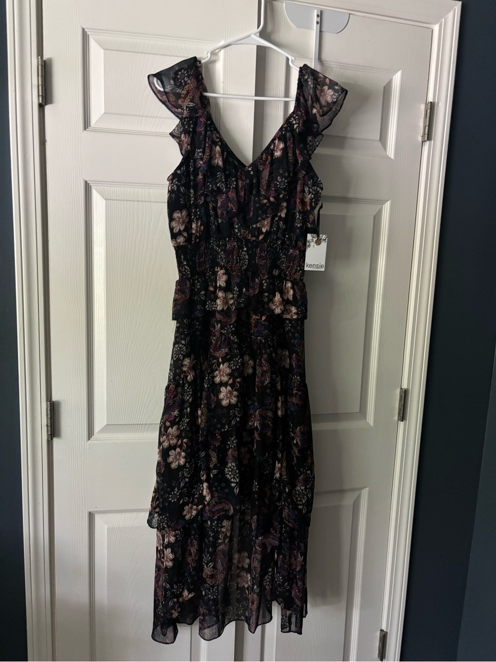 NWT Kensie Black Floral Ruffle Midi Dress Women’s 8